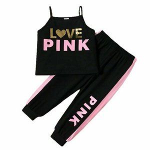 2pc Toddler Girl Pink Love Heart Print Camisole Elasticized Black Pants Set
